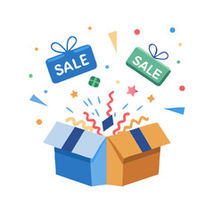 Gift boxes bursting open with sale tags and confetti, symbolizing surprise and deals
