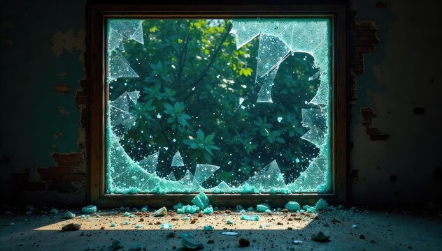 A shattered window, broken glass scattered on the ground, symbolizes the aftermath of a violent crime, depicting destruction and lawlessness , burglary, crime