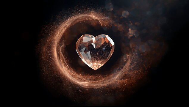 Sparkling heart shaped crystal emitting golden light amidst a swirling nebula of cosmic dust - Powered by Adobe