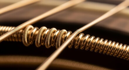 Close Up of Guitar Strings - Detailed close up shot of golden guitar strings showcasing texture and musicality