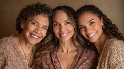 Close-Up Trio Portrait of Three Generations: Elder, Middle, and Young Daughter