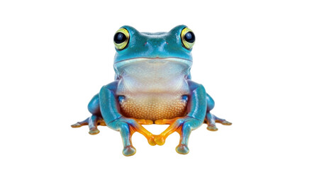 Isolated Blue frog sitting and looking straight ahead toward the viewer, amphibian