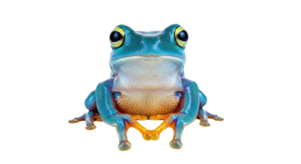 Isolated Blue frog sitting and looking straight ahead toward the viewer, amphibian
