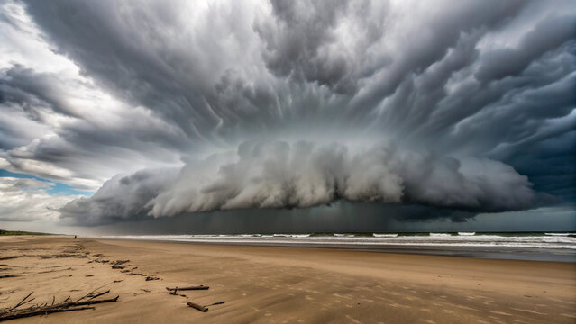 Dramatic Storm Clouds Gathering Over a Sandy Beach and Ocean stock photo Background