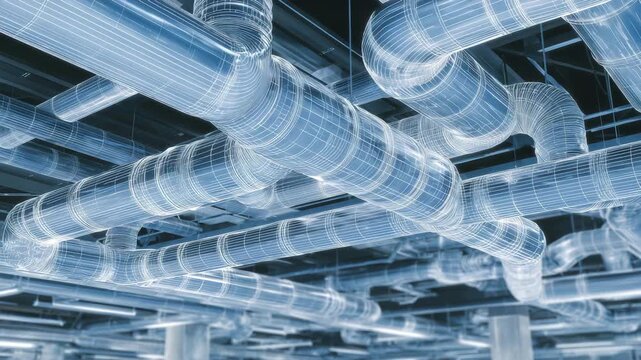 265Modern 3D vector blueprint of HVAC air ducts, detailed junctions, vents, and pipelines, BIM model style emphasizing precision for architectural planning