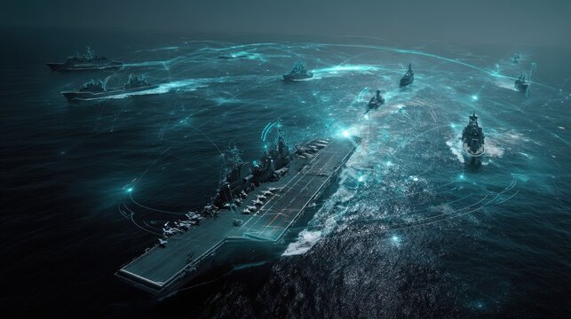 Naval fleet at sea with digital overlay