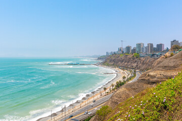 Panoramic view of La Costa Verde in Miraflores, Lima, Peru.