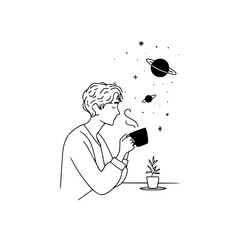 Man drinking coffee with planets and stars
