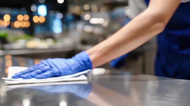 268Close-up of a gloved hand wiping a stainless steel kitchen surface with a clean cloth, reflections of professional food facility lighting visible, emphasizing hygiene and sanitatio