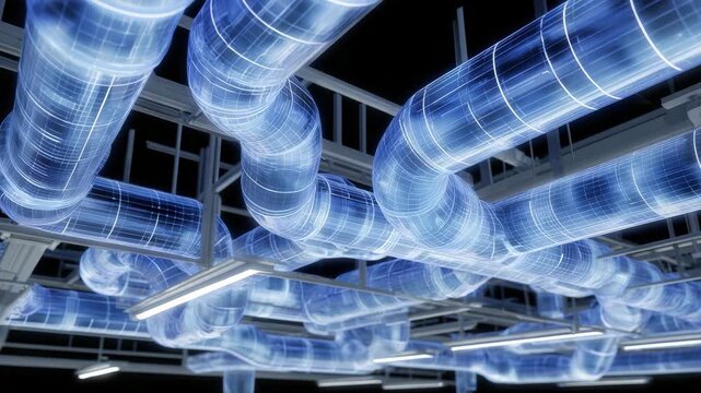 270Detailed BIM 3D model illustration of ventilation ducts, vector-style rendering highlighting connections, bends, and airflow network for architectural and engineering planning