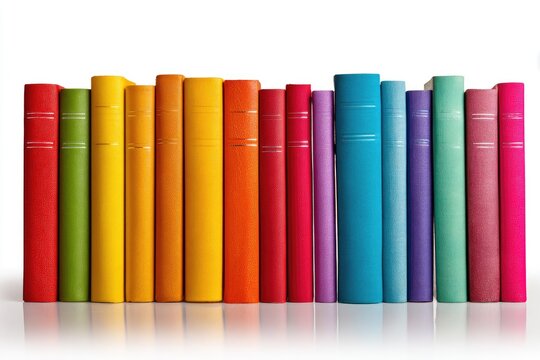 A row of colorful books stands tall, arranged like a vibrant rainbow on a white surface