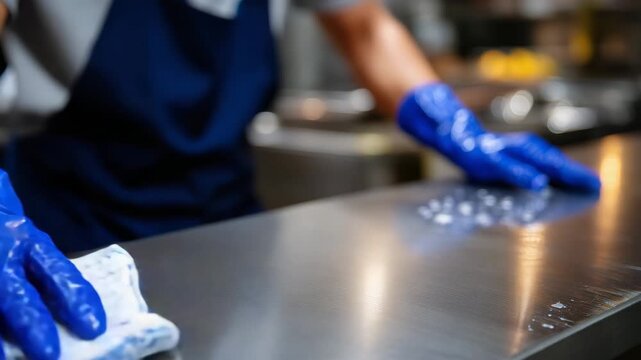 272Detailed macro of a hand in blue disposable glove cleaning a shiny stainless counter, streak-free finish visible, industrial kitchen background softly blurred