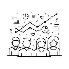 Line art of a business team with a graph showing growth