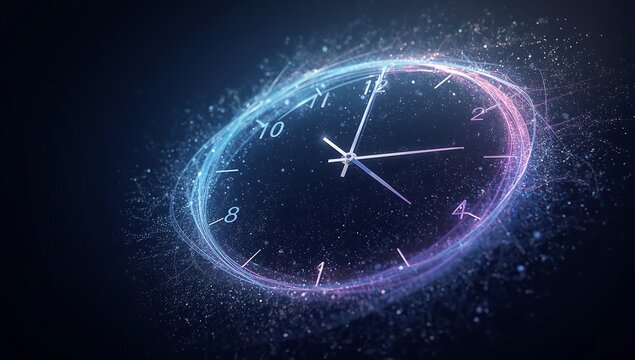 Abstract digital clock face dissolving into cosmic particles with neon glow