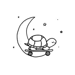 Cute turtle riding a skateboard on the moon