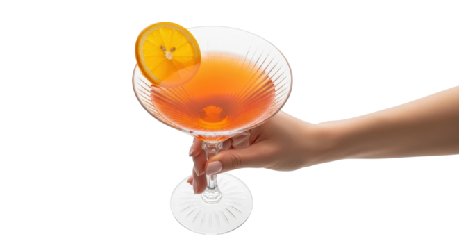 Isolated aperol spritz, cocktail drink on stemware held in hand, fruit garnish, elegant presentation