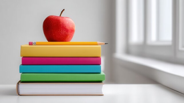 A stack of colorful books topped with a red apple and a yellow pencil, placed on a white table near a window, creating a bright and educational atmosphere.