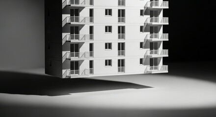 Minimalist modern residential building facade with clean lines and repeating balconies, casting dramatic shadows in studio lighting