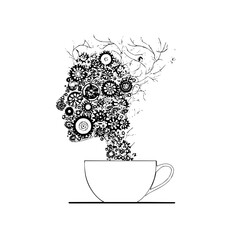 Steampunk coffee cup with gears forming a human head