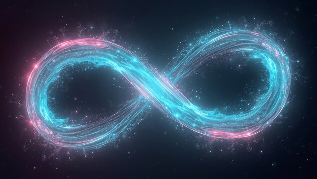Vibrant neon infinity symbol glowing with cosmic dust and streaks of light