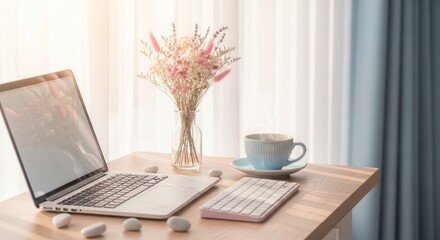 Laptop and flowers on desk near window with natural light