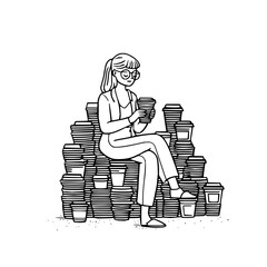 Woman sitting on a pile of coffee cups