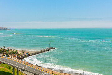 Panoramic view of La Costa Verde in Miraflores, Lima, Peru.