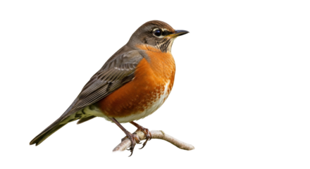 Isolated American Robin perching on branch, bird with reddish orange breast and brown feathers
