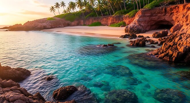 Tropical beach paradise at sunset with turquoise water