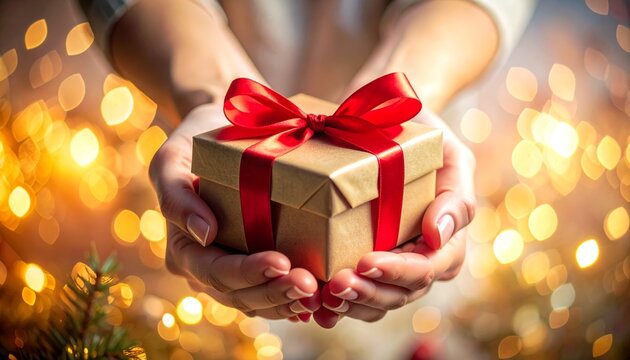 Heartfelt gesture of giving Hands gently present a beautifully wrapped gift box with a red ribbon, bathed in warm, festive bokeh lights, evoking joy and celebration