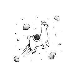 Llama flying in space with asteroids