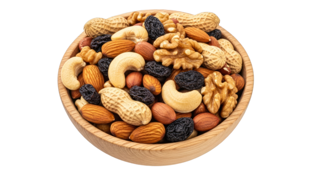 Assorted nuts and dried fruits in a wooden bowl closeup shot on transparent background