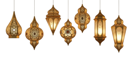 Ramadan kareem lanterns golden arabian islamic decoration on transparent background