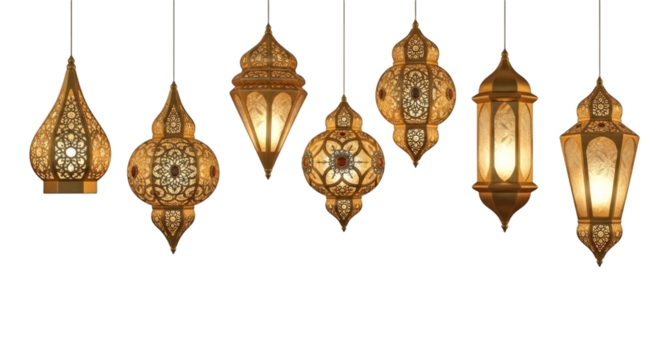 Ramadan kareem lanterns golden arabian islamic decoration on transparent background