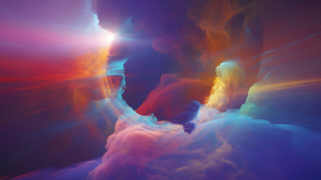 Vibrant abstract cosmic portal illustration with ethereal colorful clouds and shimmering light effects