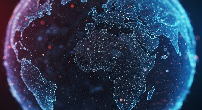 Digital Earth globe, glowing dots forming continents against a dark background