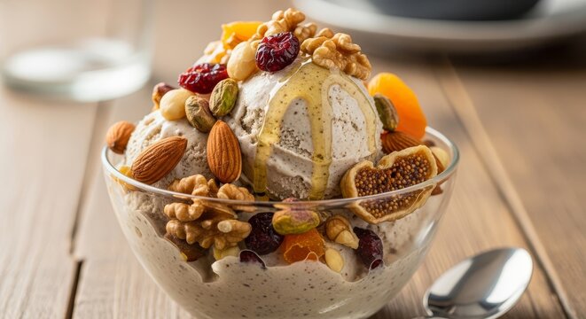 Delicious Cream Dessert with Nuts and Dried Fruits - Indulge in creamy delight topped with nuts and dried fruits. Symbolizes indulgence, richness, health, texture, and natural goodness