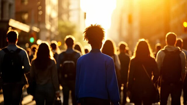 person on walk through crowd on street at sunset. commuter moves across intersection. silhouette forms against sunlight. movement fills avenue. quick. urban transit guides flow along sidewalk.
