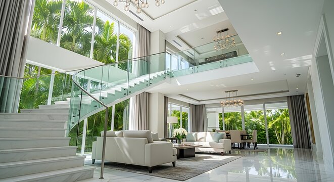 Modern luxury home interior with grand staircase and large windows - Powered by Adobe