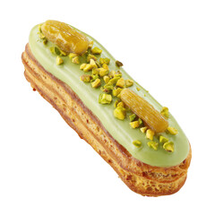 Pistachio eclair with candied fruit topping pastry dessert isolated on a transparent background