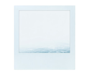 Instant photo frame with icy blue water and white sky polaroid vintage isolated on a transparent background