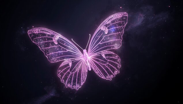 Ethereal glowing pink butterfly made of light particles against a dark starry background