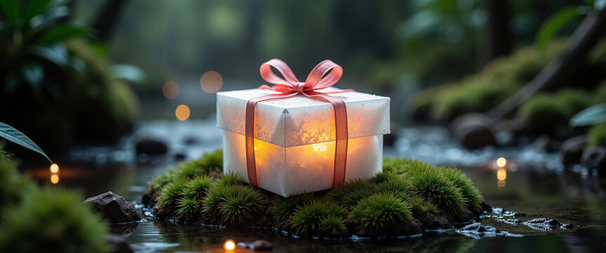 Gift box with ribbon glowing on moss in serene forest setting  