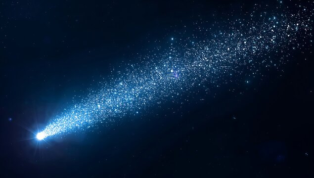 A brilliant blue comet streaks across the dark night sky leaving a trail of glittering stardust