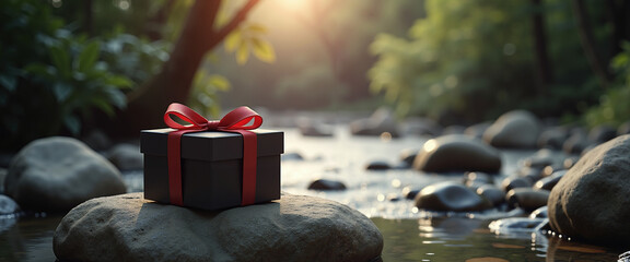 Black gift box with red ribbon on rock by a flowing stream  