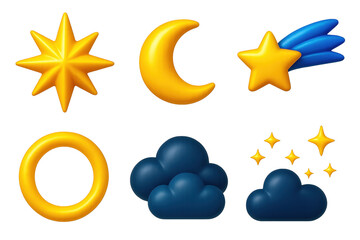 Obraz premium Festive Sky Icons. 3D icon set of Christmas night sky: shining star, moon, comet, glowing halo, dark clouds, twinkling lights. A
