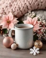 Naklejka premium A rustic winter mockup featuring a white enamel mug surrounded by soft pink flowers and small gold ornaments. The image creates a cozy, seasonal atmosphere for advertising or design.