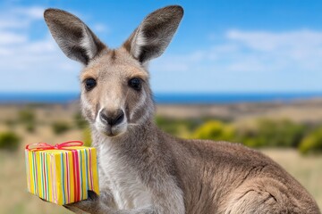 Fototapeta premium A kangaroo stands in a grassy field holding a colorful gift box. The background features a clear blue sky and distant hills, creating a cheerful atmosphere.