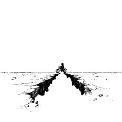 A motorcyclist approaches a large crack in the road