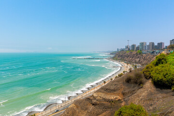 Panoramic view of La Costa Verde in Miraflores, Lima, Peru.